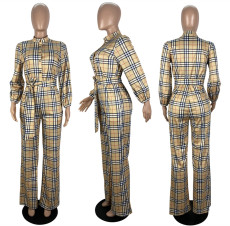 Plus Size Plaid Long Sleeve Sashes Jumpsuit LSL-6476