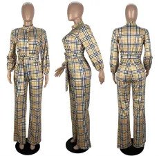 Plus Size Plaid Long Sleeve Sashes Jumpsuit LSL-6476