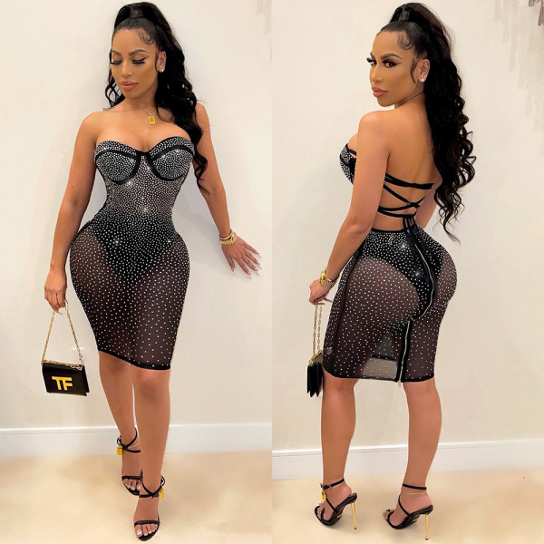 Sexy Hot Drilling See Through Breast-Pad Night Club Dress SH-390224