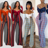 Sexy Off-shoulder Tie Up Top And Print Sling Jumpsuits Two Piece Sets FSXF-188