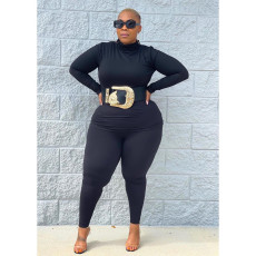 Plus Size Solid High Collar Long Sleeve 2 Piece Sets YIM-223
