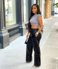 Black PU Leather Pocket Wide Leg Pants BGN-211