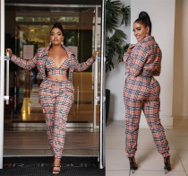 Plus Size Plaid Long Sleeve Jacket+Vest Top+Pants 3 Piece Sets OD-8465