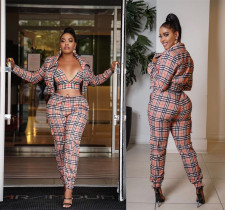 Plus Size Plaid Long Sleeve Jacket+Vest Top+Pants 3 Piece Sets OD-8465
