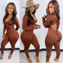 Solid V Neck Backless Drawstring Long Sleeve Jumpsuit BGN-212