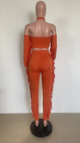 Sexy Tassel Hollow Long Sleeve 2 Piece Pants Set HMS-5518