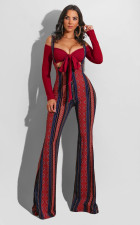 Sexy Off-shoulder Tie Up Top And Print Sling Jumpsuits Two Piece Sets FSXF-188