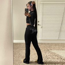 Velvet Hot Drilling Hooded Zipper 2 Piece Pants Set LSD-81062