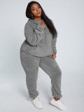 Solid Plush Hooded Long Sleeve 2 Piece Pants Set TE-4343