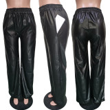 Black PU Leather Pocket Wide Leg Pants BGN-211