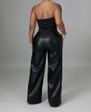 Black PU Leather Pocket Wide Leg Pants BGN-211