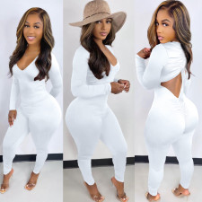 Solid V Neck Backless Drawstring Long Sleeve Jumpsuit BGN-212