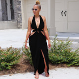 Sexy Solid Color Halter Slit Long Dress FSXF-190