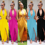 Sexy Solid Color Halter Slit Long Dress FSXF-190