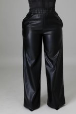 Black PU Leather Pocket Wide Leg Pants BGN-211
