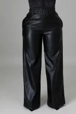 Black PU Leather Pocket Wide Leg Pants BGN-211