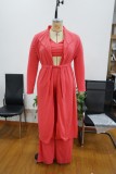 Plus Size Solid Halter Crop Top+Long Cloak+Pants 3 Piece Sets NNWF-7341
