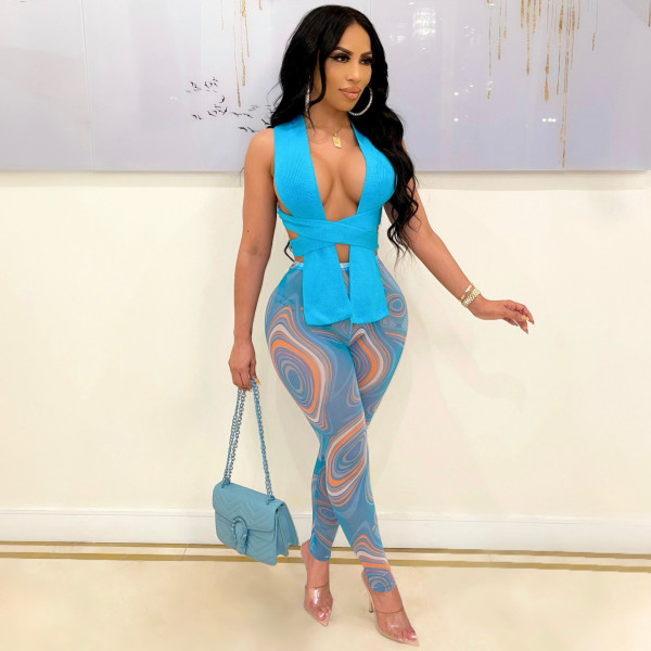 Sexy Sleeveless Top And Print Pants Two Piece Sets FSXF-312