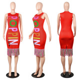 Sexy Slim Letter Print Sleeveless Tassel Midi Dress FSXF-62 