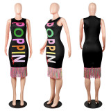 Sexy Slim Letter Print Sleeveless Tassel Midi Dress FSXF-62 