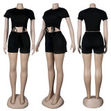 Casual Solid Color Short Sleeve Shorts Two Piece Sets FSXF-272