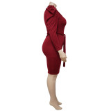 Plus Size Solid Puff Sleeve Sashes Slim Midi Dress NNWF-7370