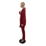 Solid Ribbed Knit Bra Top+Cloak Coat+Split Pants 3 Piece Sets MOF-6659