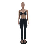 Solid Ribbed Knit Bra Top+Cloak Coat+Split Pants 3 Piece Sets MOF-6659