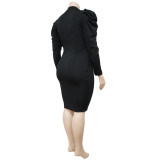 Plus Size Solid Puff Sleeve Sashes Slim Midi Dress NNWF-7370
