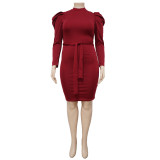 Plus Size Solid Puff Sleeve Sashes Slim Midi Dress NNWF-7370