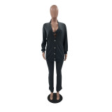 Solid Ribbed Knit Bra Top+Cloak Coat+Split Pants 3 Piece Sets MOF-6659