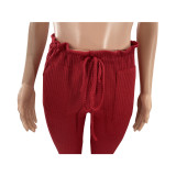 Solid Ribbed Knit Bra Top+Cloak Coat+Split Pants 3 Piece Sets MOF-6659