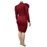 Plus Size Solid Puff Sleeve Sashes Slim Midi Dress NNWF-7370