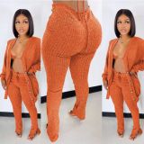 Solid Ribbed Knit Bra Top+Cloak Coat+Split Pants 3 Piece Sets MOF-6659
