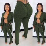 Solid Ribbed Knit Bra Top+Cloak Coat+Split Pants 3 Piece Sets MOF-6659