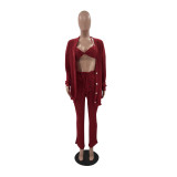 Solid Ribbed Knit Bra Top+Cloak Coat+Split Pants 3 Piece Sets MOF-6659
