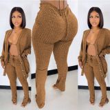 Solid Ribbed Knit Bra Top+Cloak Coat+Split Pants 3 Piece Sets MOF-6659