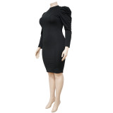 Plus Size Solid Puff Sleeve Sashes Slim Midi Dress NNWF-7370