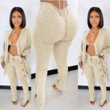 Solid Ribbed Knit Bra Top+Cloak Coat+Split Pants 3 Piece Sets MOF-6659