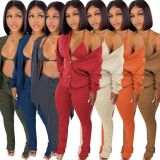 Solid Ribbed Knit Bra Top+Cloak Coat+Split Pants 3 Piece Sets MOF-6659