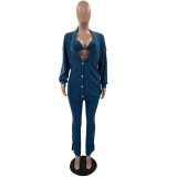 Solid Ribbed Knit Bra Top+Cloak Coat+Split Pants 3 Piece Sets MOF-6659