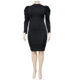 Plus Size Solid Puff Sleeve Sashes Slim Midi Dress NNWF-7370