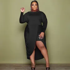 Plus Size Solid Long Sleeve Irregular Midi Dress XMF-084