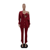 Solid Ribbed Knit Bra Top+Cloak Coat+Split Pants 3 Piece Sets MOF-6659