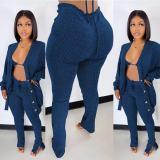 Solid Ribbed Knit Bra Top+Cloak Coat+Split Pants 3 Piece Sets MOF-6659