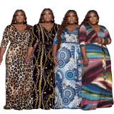 Plus Size Printed V Neck Sashes Maxi Dress XMY-9326