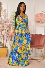 Plus Size Printed V Neck 3/4 Sleeve Sashes Maxi Dress XMY-9316