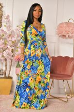 Plus Size Printed V Neck 3/4 Sleeve Sashes Maxi Dress XMY-9316