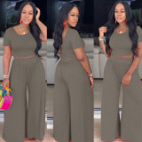 Plus Size Solid Short Sleeve Wide Leg Pants 2 Piece Sets XMY-9318