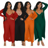 Solid Sling Jumpsuit+Full Sleeve Long Cloak 2 Piece Sets YS-8832